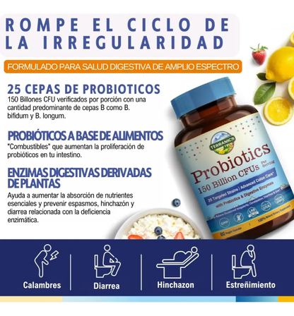 Probióticos diarios para hombres y mujeres, Terranics 150 mil millones de probióticos de 25 cepas, con prebióticos y enzimas, liberación retardada, estable en el almacenamiento, 60 cápsulas vegetales