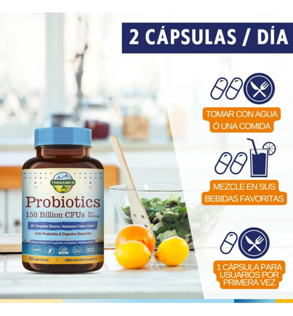 Probióticos diarios para hombres y mujeres, Terranics 150 mil millones de probióticos de 25 cepas, con prebióticos y enzimas, liberación retardada, estable en el almacenamiento, 60 cápsulas vegetales