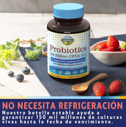 Probióticos diarios para hombres y mujeres, Terranics 150 mil millones de probióticos de 25 cepas, con prebióticos y enzimas, liberación retardada, estable en el almacenamiento, 60 cápsulas vegetales