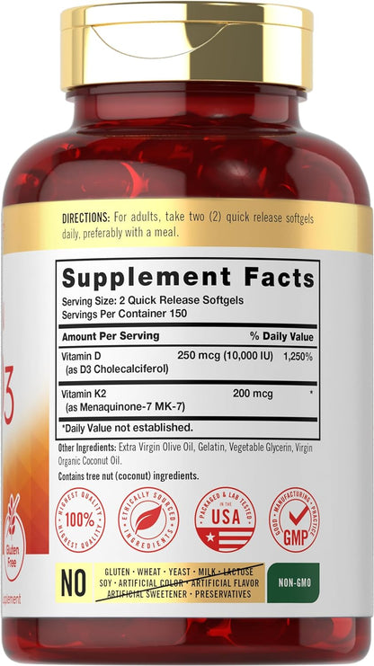 Vitamina K2 + D3 | 200 mcg K2 MK7 y 10,000 UI D3 | 300 softgels