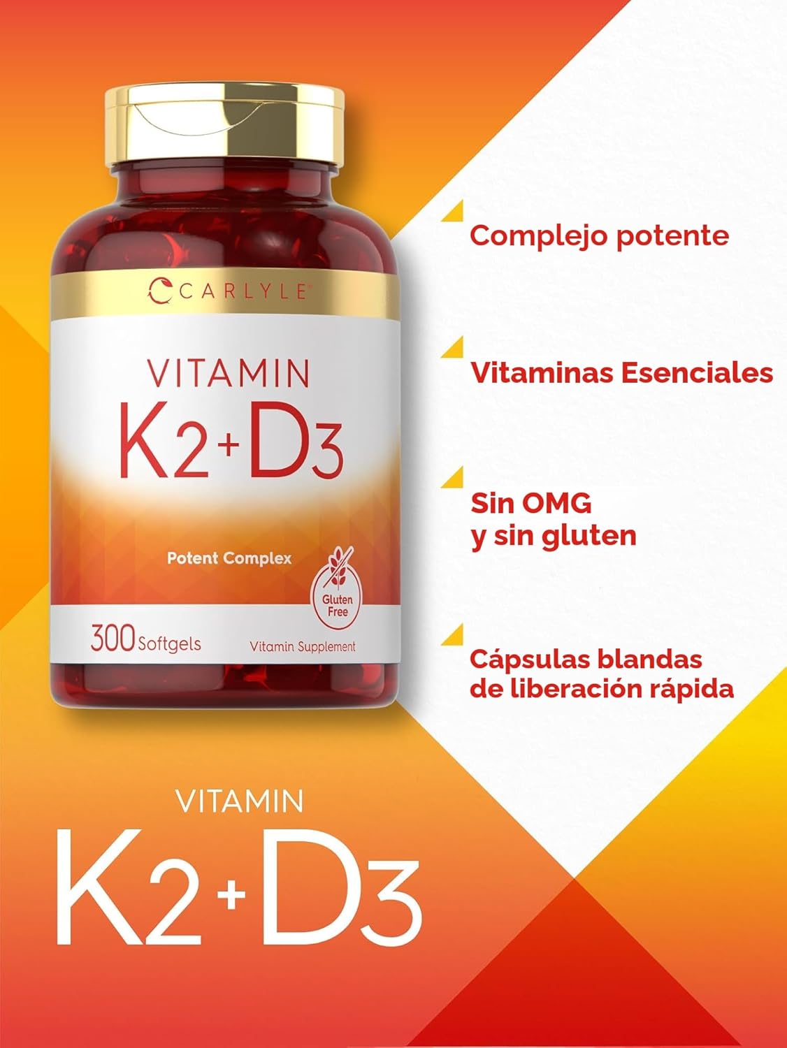 Vitamina K2 + D3 | 200 mcg K2 MK7 y 10,000 UI D3 | 300 softgels