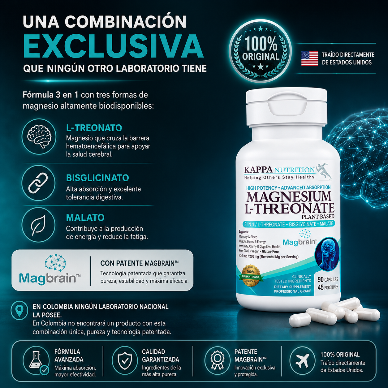 Magbrain™ Magnesio L-treonato a base de plantas con Bisglicinato & Malato, Kappa Nutrition