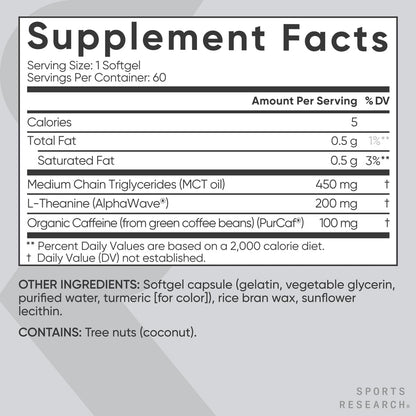 L-Teanina con Cafeína Sports Research | Enfoque y Energía, 60 Softgels