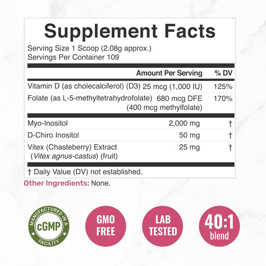 Myo-Inositol y D-Chiro Inositol 40:1 en Polvo con Vitex, Metilfolato y Vitamina D3