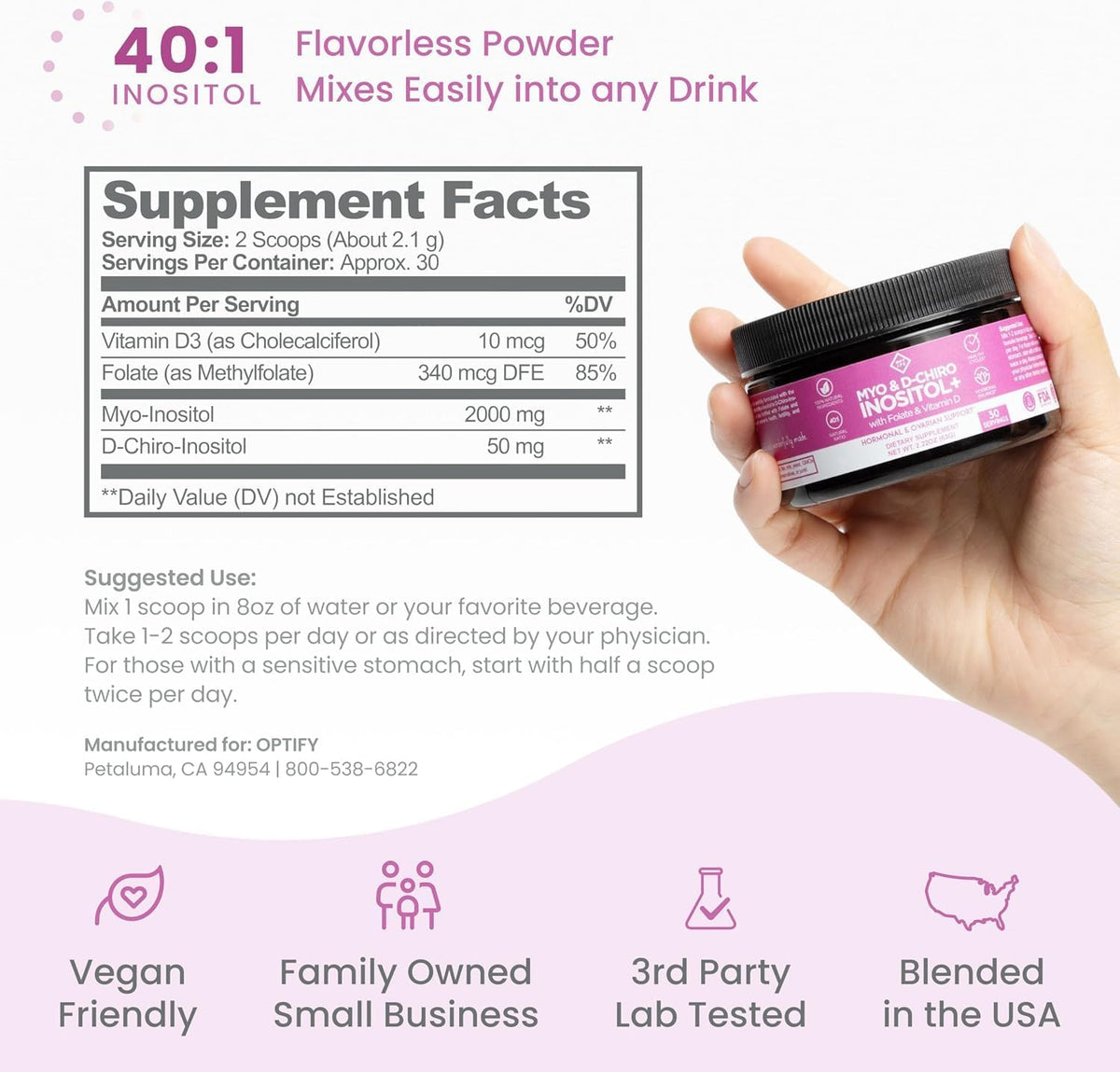 Myo & D-Chiro Inositol 40:1 con Folato y Vitamina D |Optify