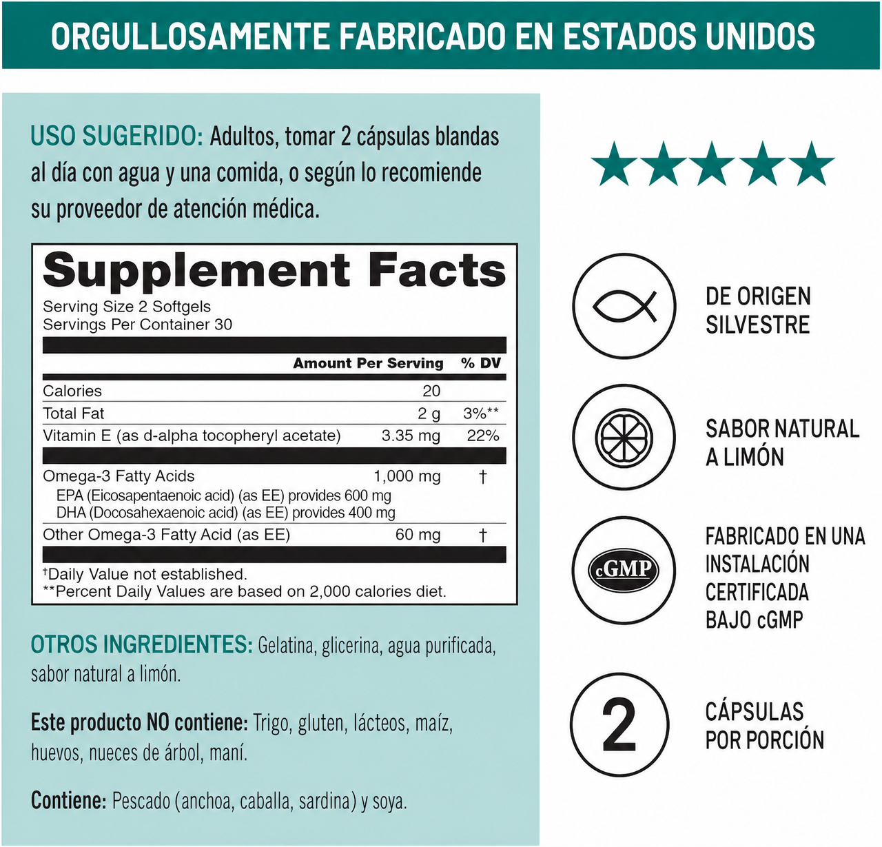 Omega 3 Extra fuerte | 600 EPA y 400 DHA con Vitamina E | Apoyo para la salud del corazón y el cerebro