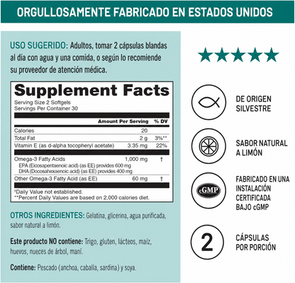 Omega 3 Extra fuerte | 600 EPA y 400 DHA con Vitamina E | Apoyo para la salud del corazón y el cerebro