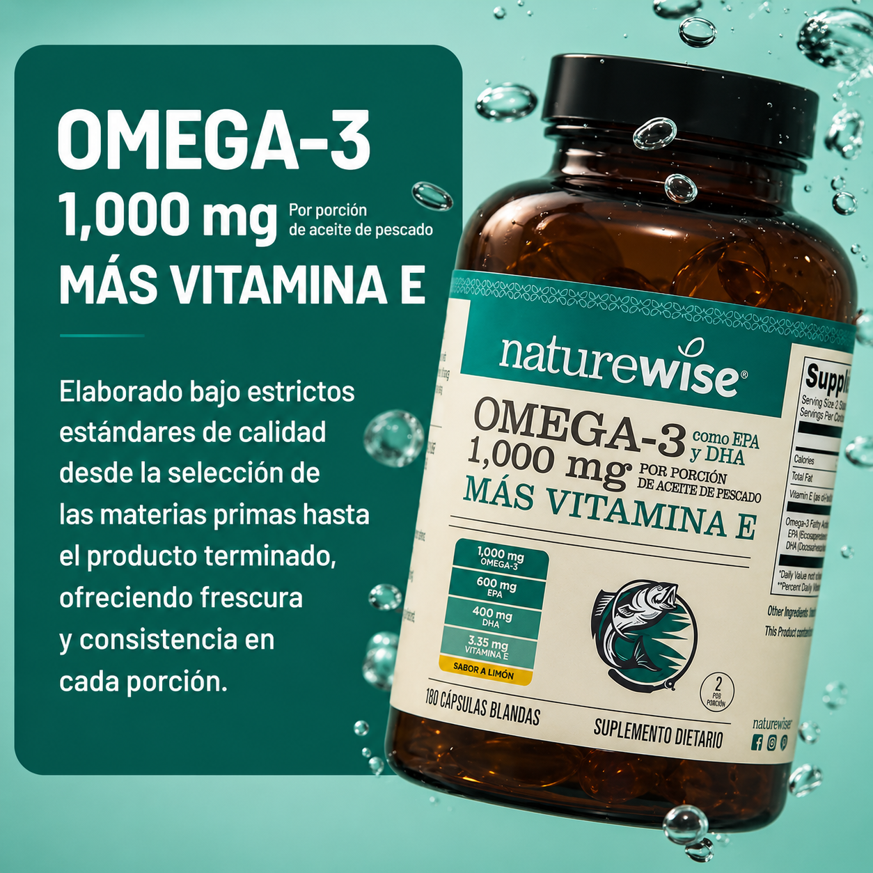 Omega 3 Extra fuerte | 600 EPA y 400 DHA con Vitamina E | Apoyo para la salud del corazón y el cerebro