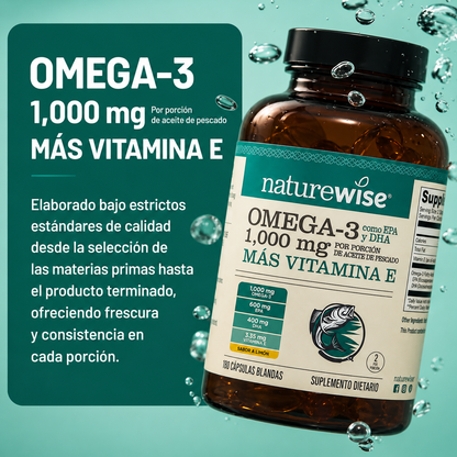 Omega 3 Extra fuerte | 600 EPA y 400 DHA con Vitamina E | Apoyo para la salud del corazón y el cerebro
