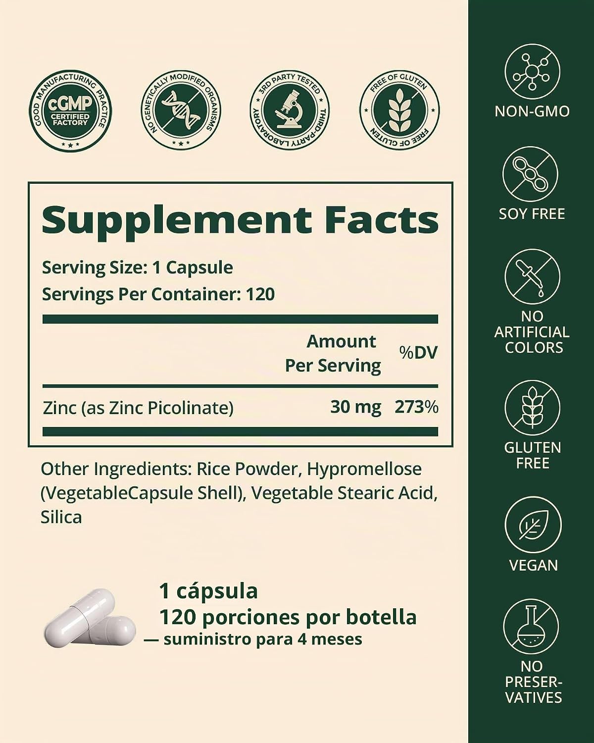 Picolinato de Zinc 30 mg BienRaíz | 120 Cápsulas Veganas