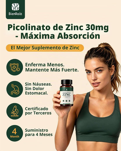 Picolinato de Zinc 30 mg BienRaíz | 120 Cápsulas Veganas