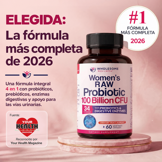 Probióticos para Mujer 100 Mil Millones CFU – 34 Cepas, Prebióticos y Enzimas | Wholesome Wellness | 60 Cápsulas