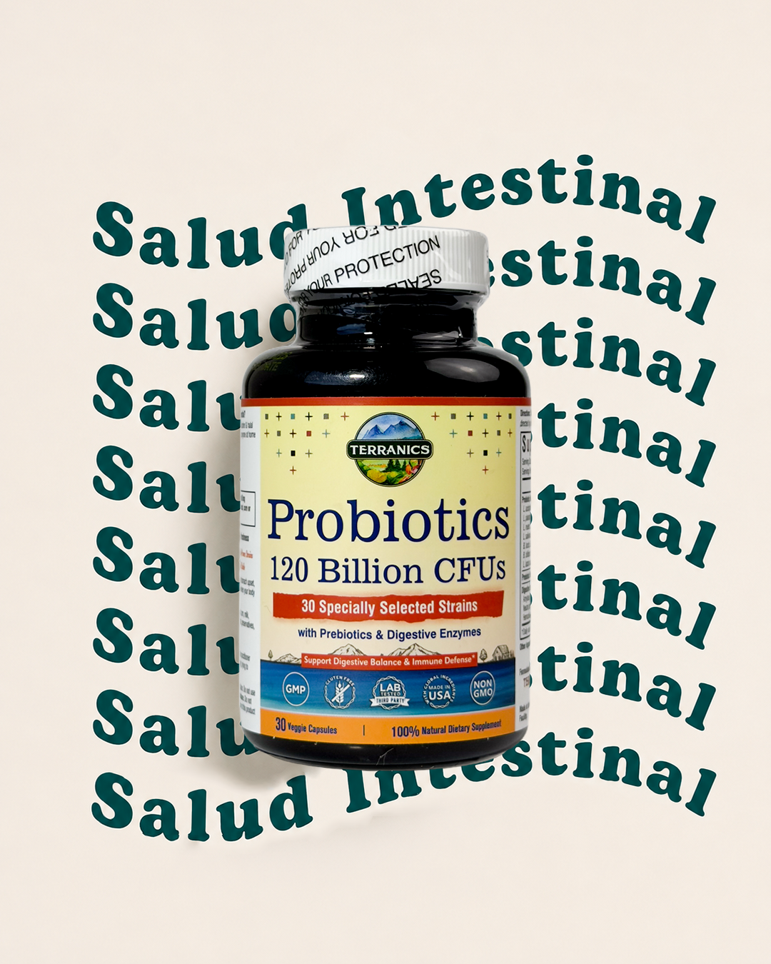 Probióticos 120 mil millones con prebióticos y enzimas digestivas, TERRANICS | 30 cepas probadas, digestión completa y apoyo inmunológico.