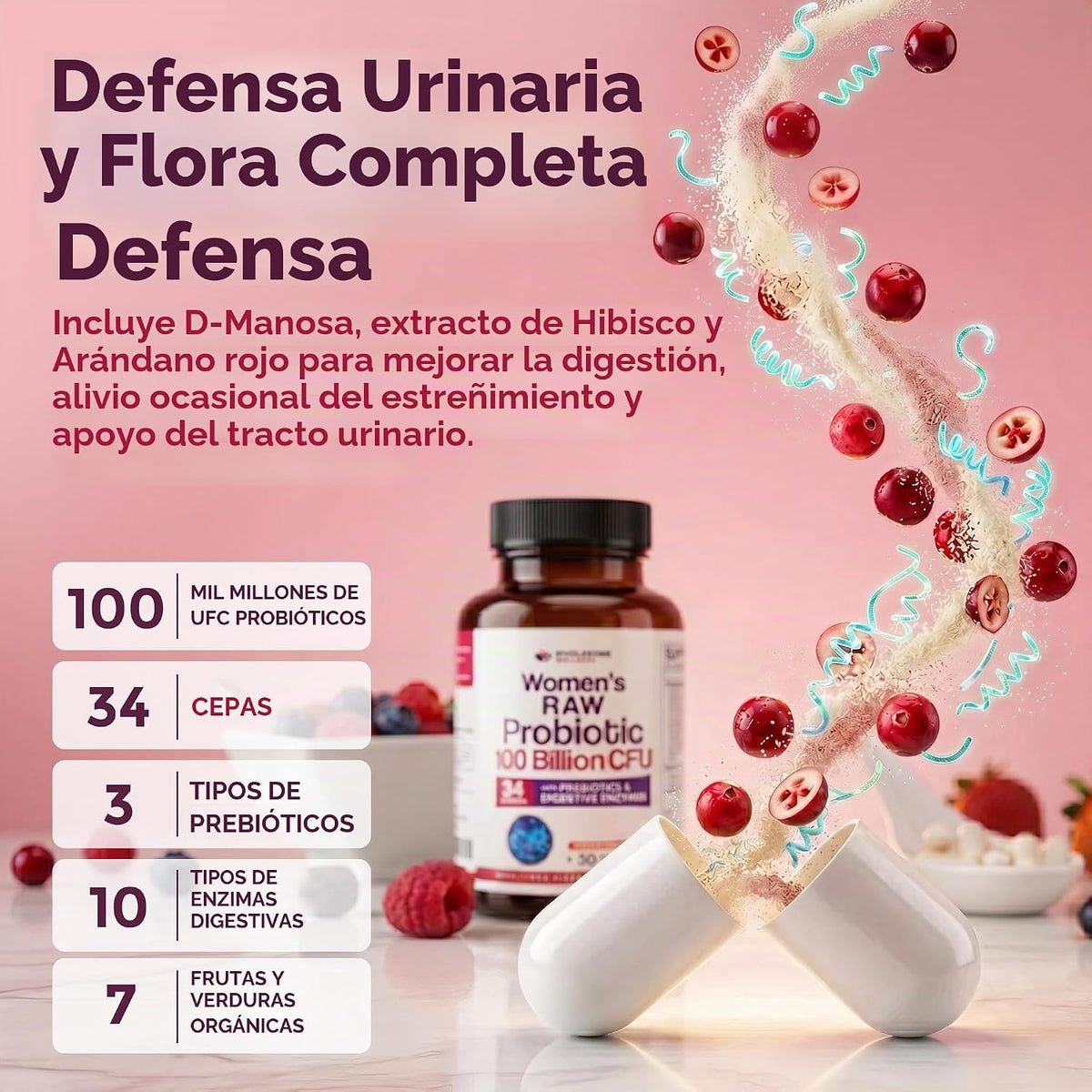 Probióticos para Mujer 100 Mil Millones CFU – 34 Cepas, Prebióticos y Enzimas | Wholesome Wellness | 60 Cápsulas