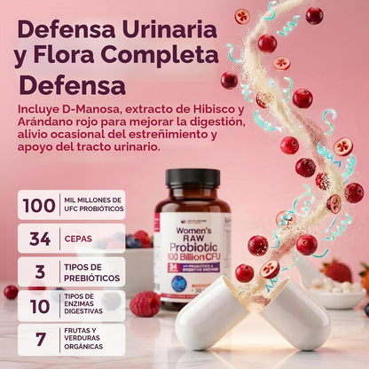 Probióticos para Mujer 100 Mil Millones CFU – 34 Cepas, Prebióticos y Enzimas | Wholesome Wellness | 60 Cápsulas
