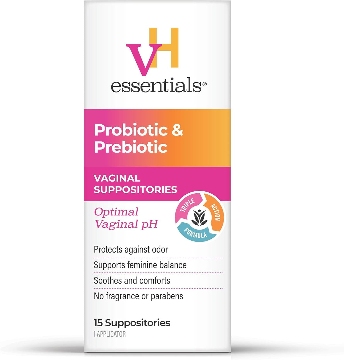 vH Essentials Probiotic & Prebiotic – 15 Supositorios Vaginales | Equilibrio de pH y Protección Contra el Mal Olor