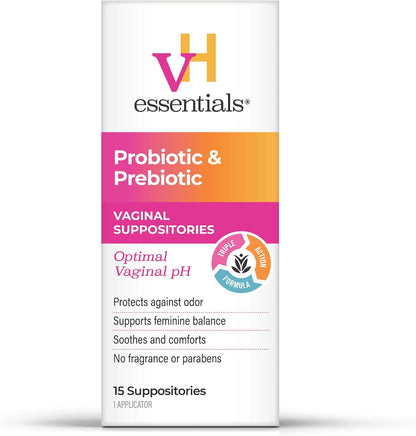 vH Essentials Probiotic & Prebiotic – 15 Supositorios Vaginales | Equilibrio de pH y Protección Contra el Mal Olor