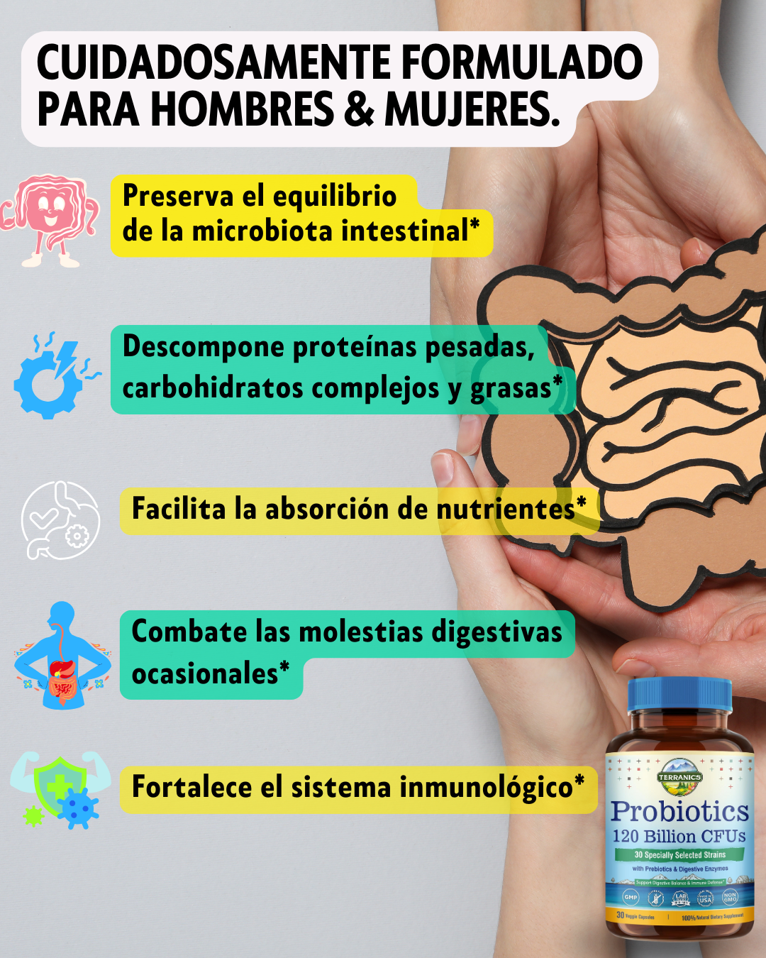 Probióticos 120 mil millones con prebióticos y enzimas digestivas, TERRANICS | 30 cepas probadas, digestión completa y apoyo inmunológico.