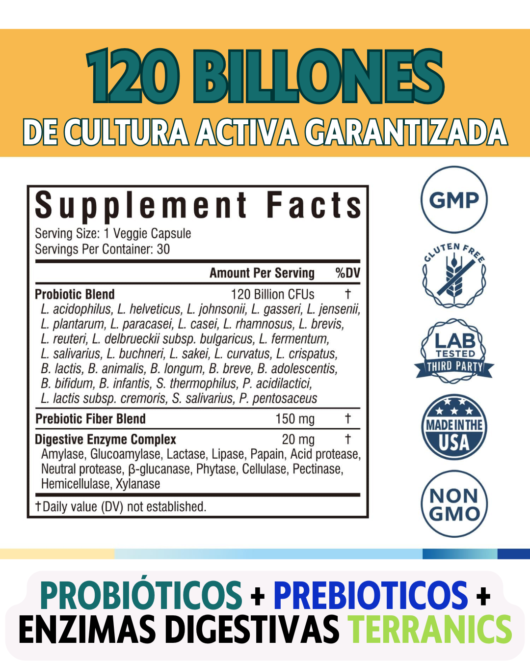 Probióticos 120 mil millones con prebióticos y enzimas digestivas, TERRANICS | 30 cepas probadas, digestión completa y apoyo inmunológico.