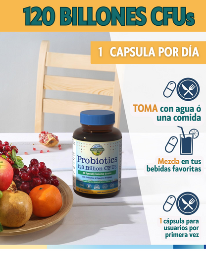 Probióticos 120 mil millones con prebióticos y enzimas digestivas, TERRANICS | 30 cepas probadas, digestión completa y apoyo inmunológico.