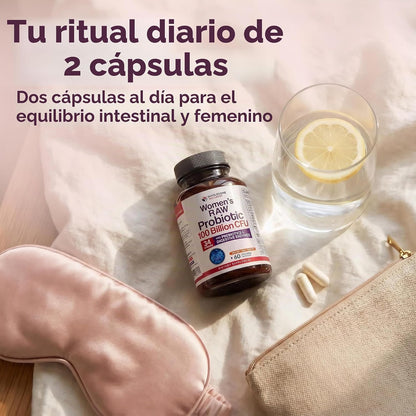 Probióticos para Mujer 100 Mil Millones CFU – 34 Cepas, Prebióticos y Enzimas | Wholesome Wellness | 60 Cápsulas