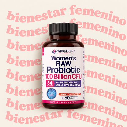 Probióticos para Mujer 100 Mil Millones CFU – 34 Cepas, Prebióticos y Enzimas | Wholesome Wellness | 60 Cápsulas
