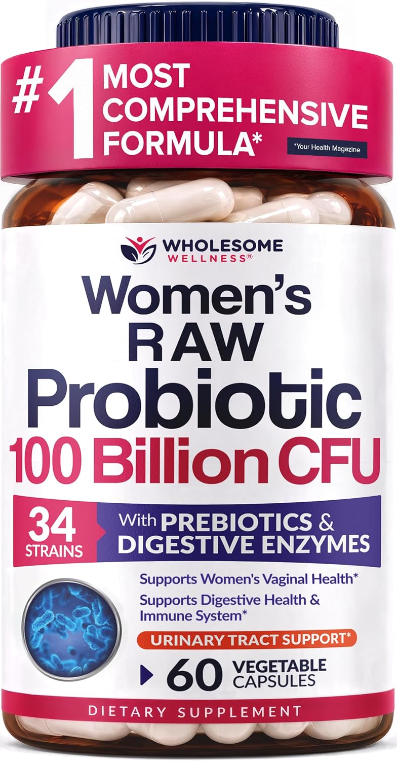 Probióticos para Mujer 100 Mil Millones CFU – 34 Cepas, Prebióticos y Enzimas | Wholesome Wellness | 60 Cápsulas