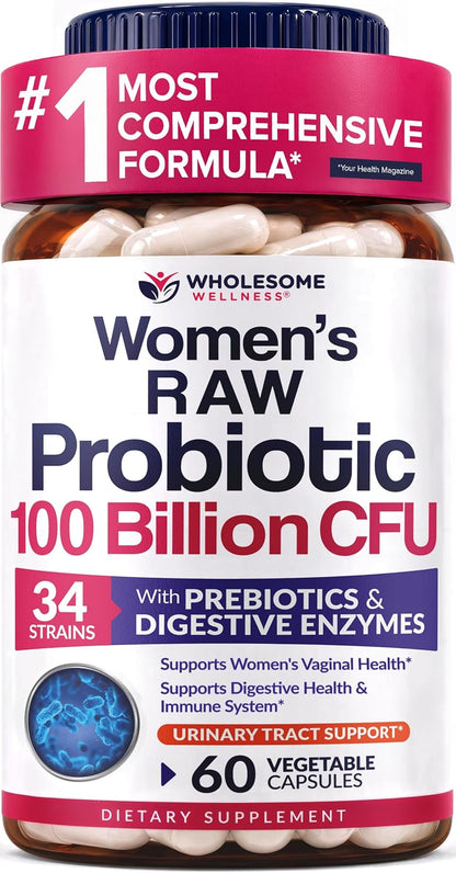 Probióticos para Mujer 100 Mil Millones CFU – 34 Cepas, Prebióticos y Enzimas | Wholesome Wellness | 60 Cápsulas
