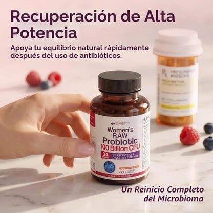 Probióticos para Mujer 100 Mil Millones CFU – 34 Cepas, Prebióticos y Enzimas | Wholesome Wellness | 60 Cápsulas