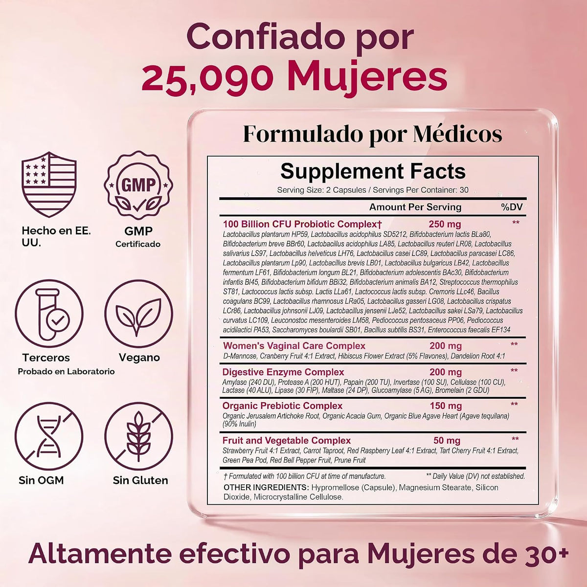Probióticos para Mujer 100 Mil Millones CFU – 34 Cepas, Prebióticos y Enzimas | Wholesome Wellness | 60 Cápsulas