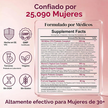 Probióticos para Mujer 100 Mil Millones CFU – 34 Cepas, Prebióticos y Enzimas | Wholesome Wellness | 60 Cápsulas