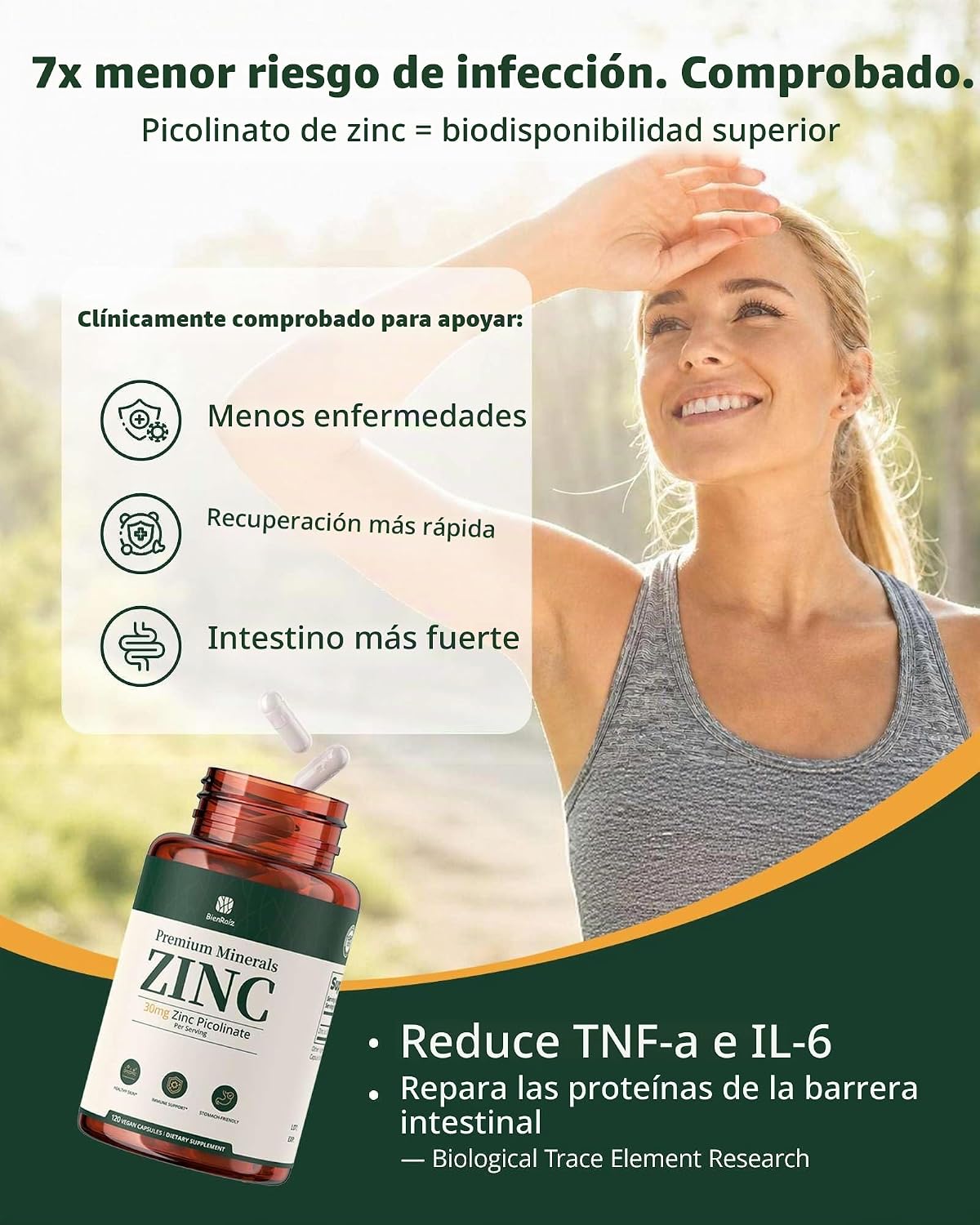 Picolinato de Zinc 30 mg BienRaíz | 120 Cápsulas Veganas